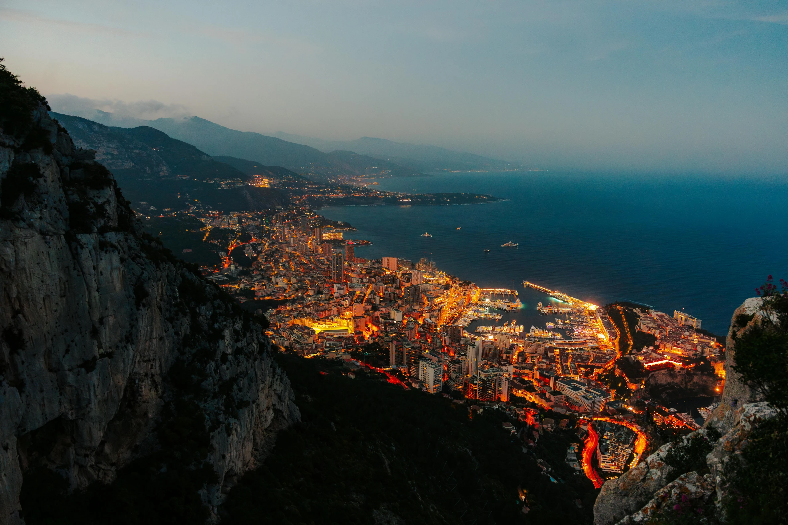Monaco night aerial panorama from Tête de Chien